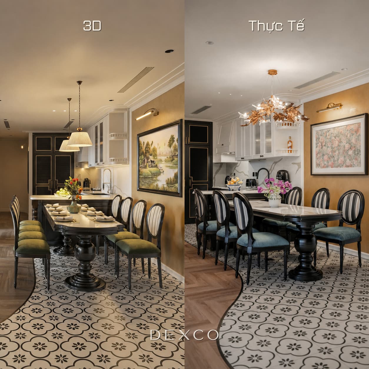 So sánh phối cảnh 3D và thực tế hoàn thiện khu bàn ăn Indochine do Dexco thi công