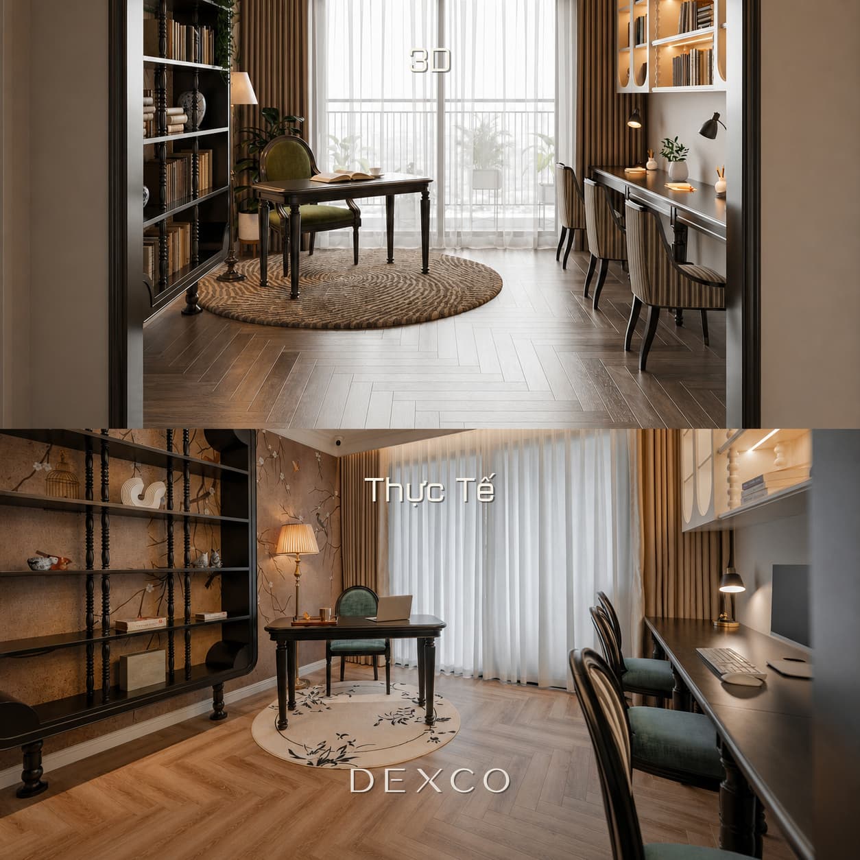 So sánh phối cảnh 3D và thực tế hoàn thiện phòng ngủ Indochine do Dexco thi công