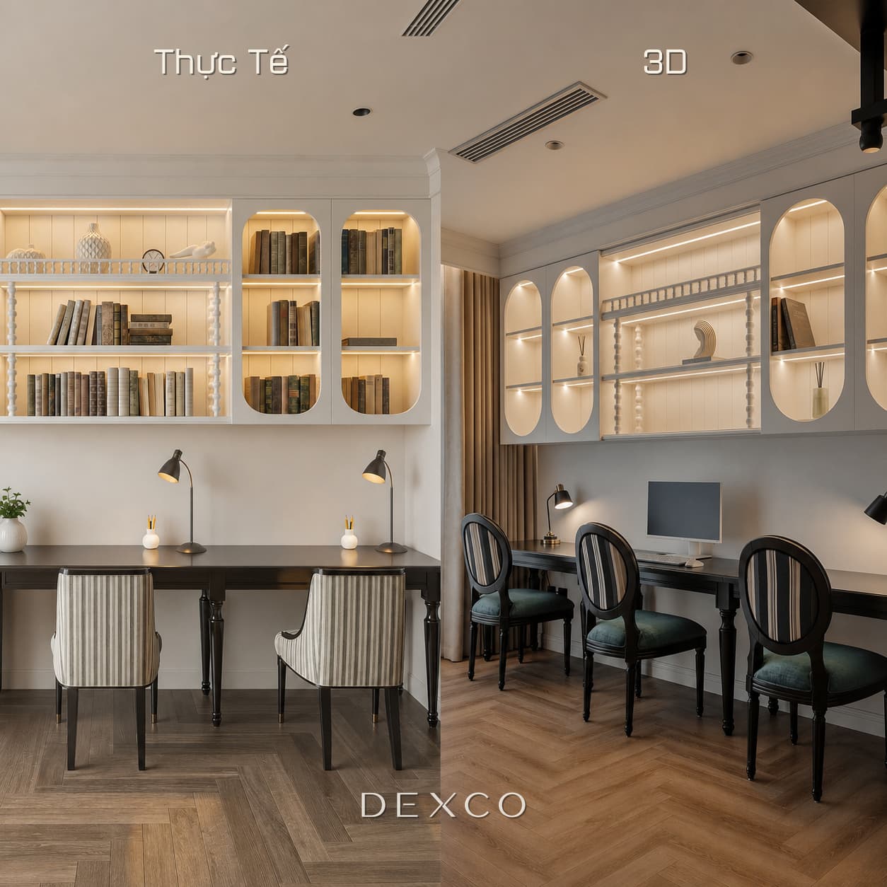 So sánh phối cảnh 3D và thực tế hoàn thiện không gian Indochine do Dexco thi công