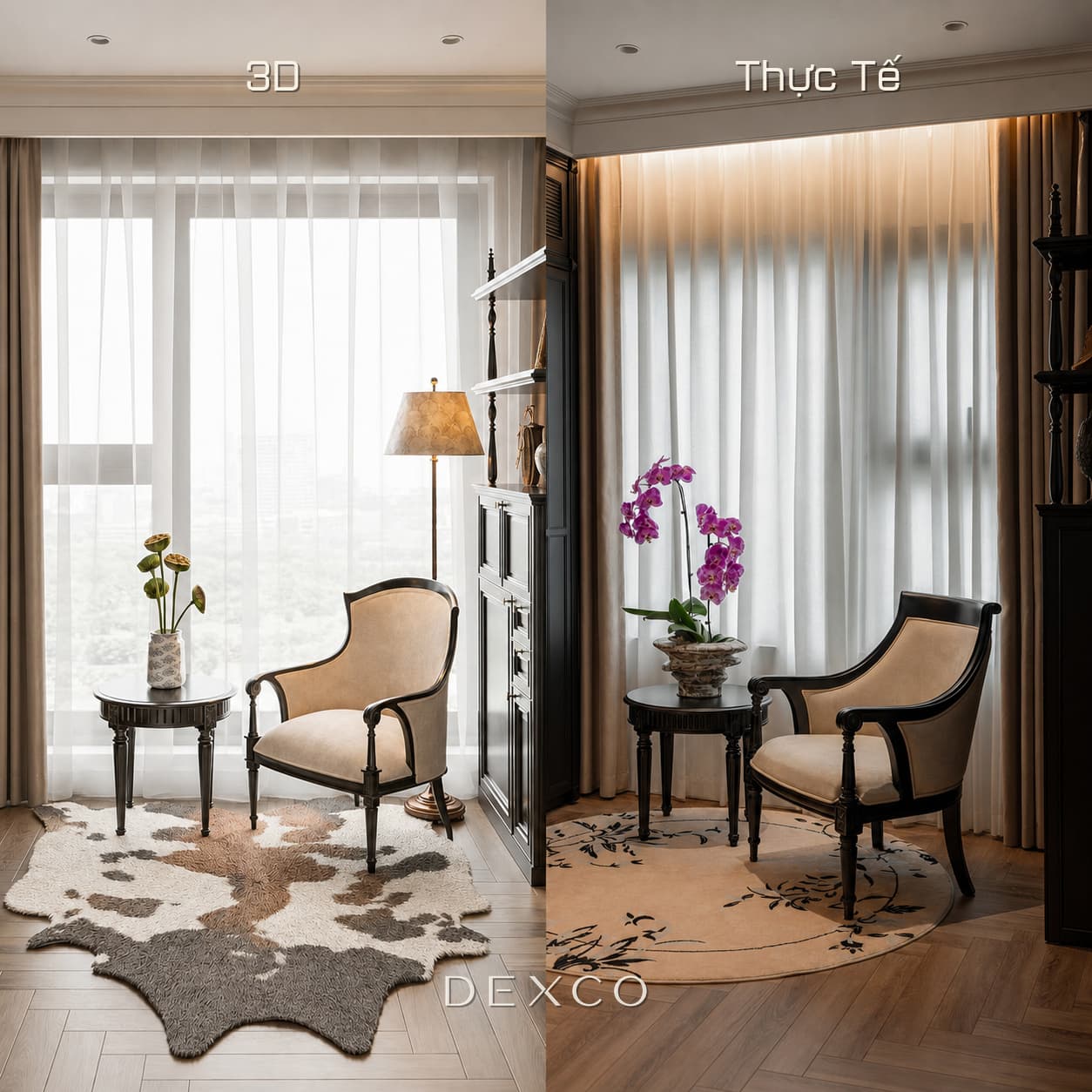 So sánh phối cảnh 3D và thực tế hoàn thiện chi tiết nội thất Indochine do Dexco thi công
