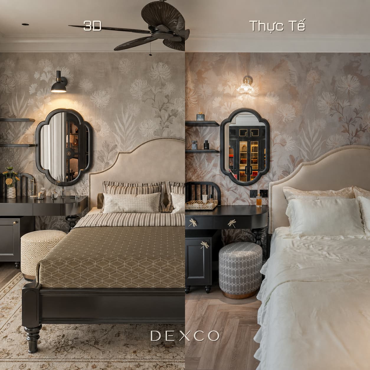 So sánh phối cảnh 3D và thực tế bàn giao nội thất Indochine do Dexco thi công