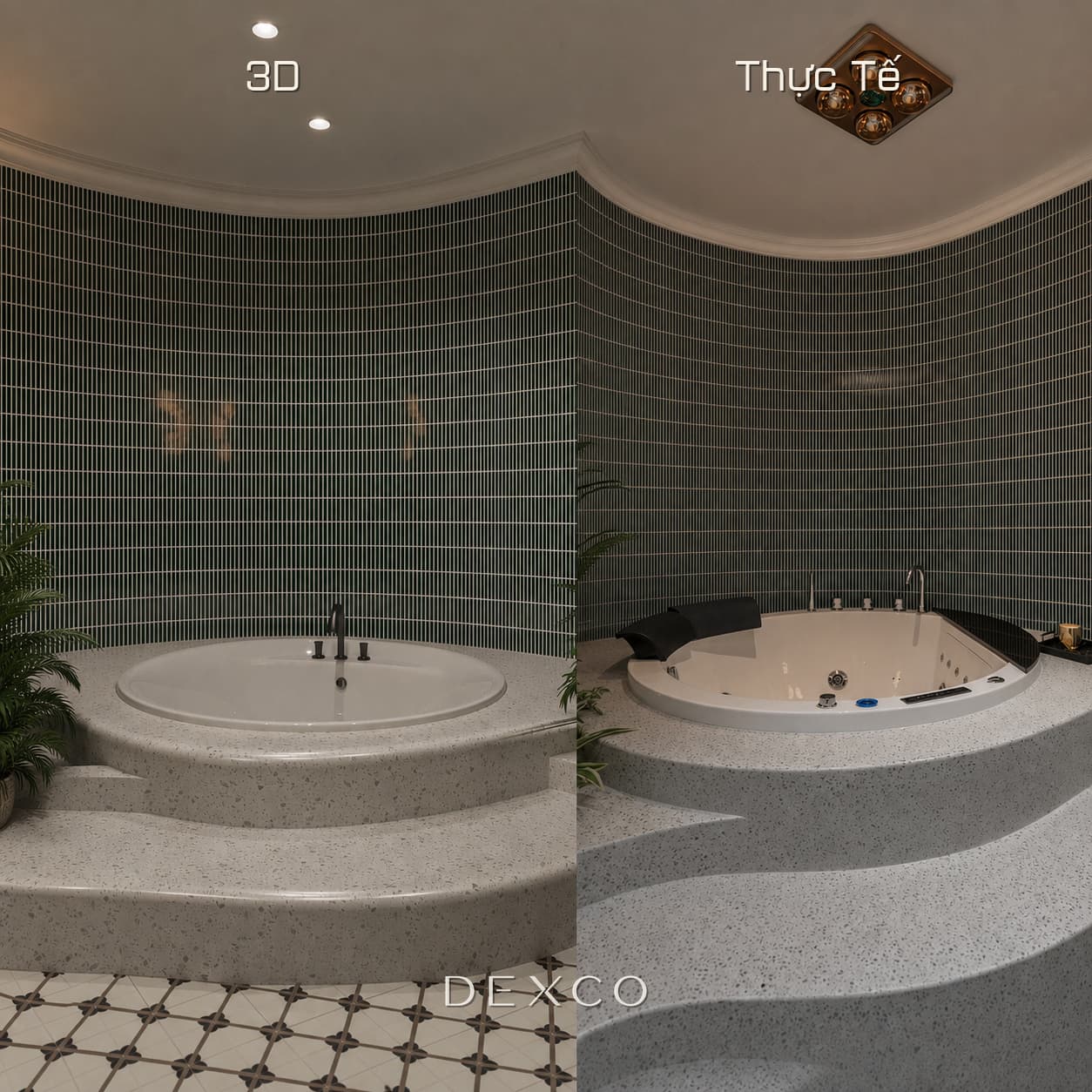 So sánh phối cảnh 3D và thực tế thi công nội thất Indochine do Dexco hoàn thiện