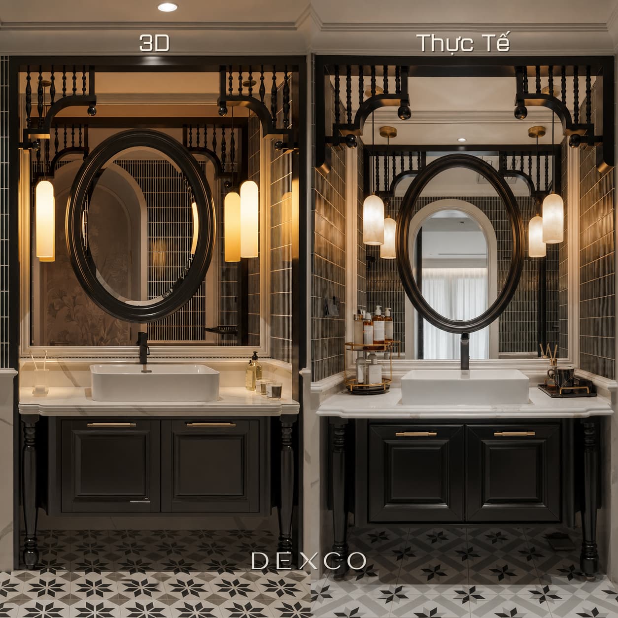 So sánh phối cảnh 3D và thực tế hoàn thiện vật liệu nội thất Indochine do Dexco thi công