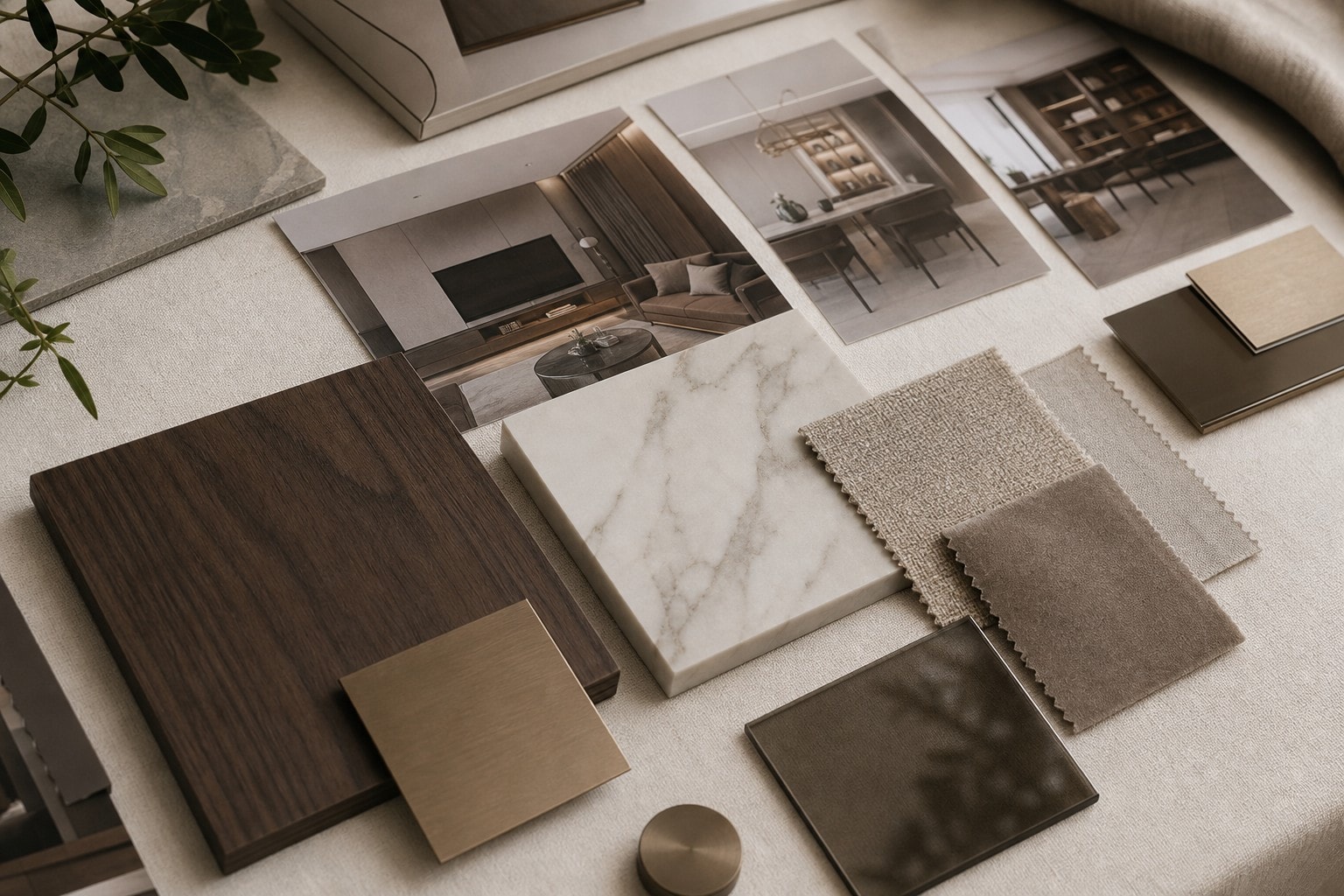 Moodboard vật liệu Dexco gồm gỗ tối màu, đá vân mây, vải taupe, kính khói và kim loại champagne